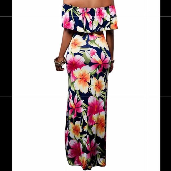 Ruffle Floral Off Shoulder Bodycon Long Maxi Dress - Picture 2 of 2